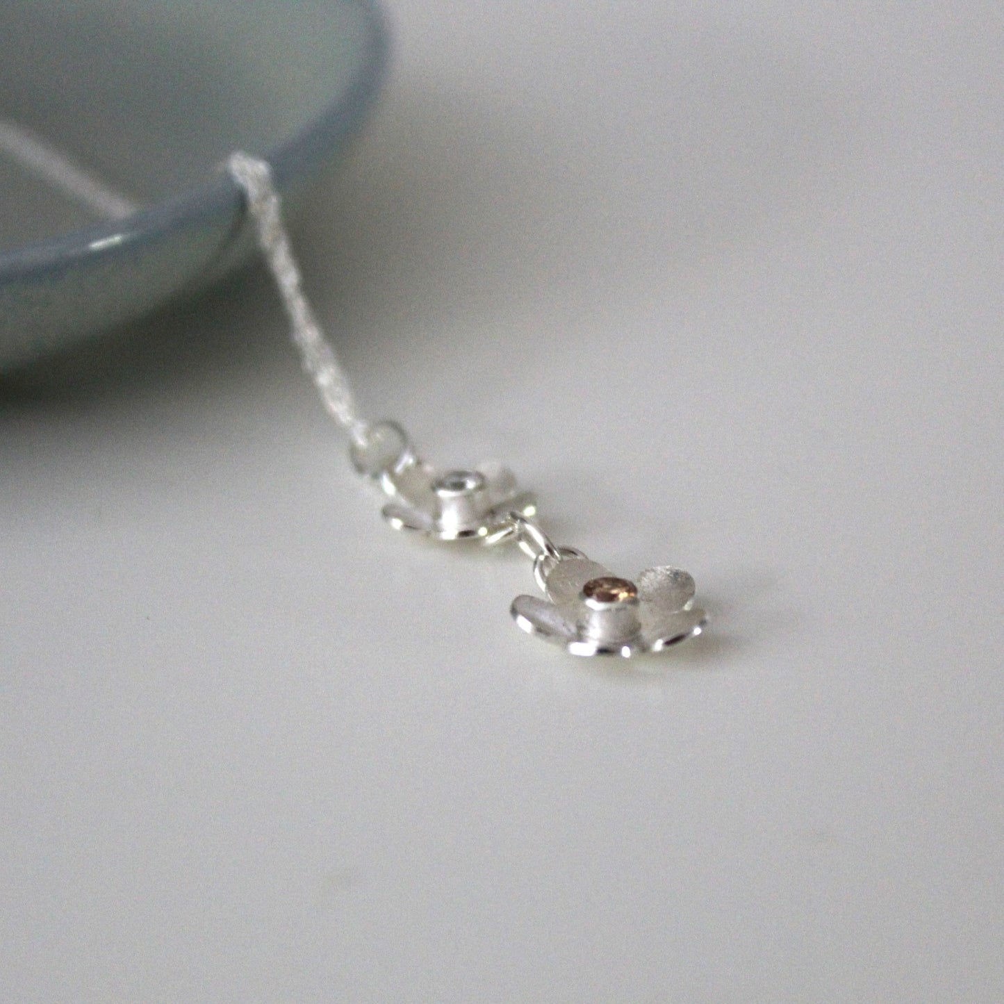 Sterling Silver Flower Necklace, with two flowers with sparkly gems, Shine On