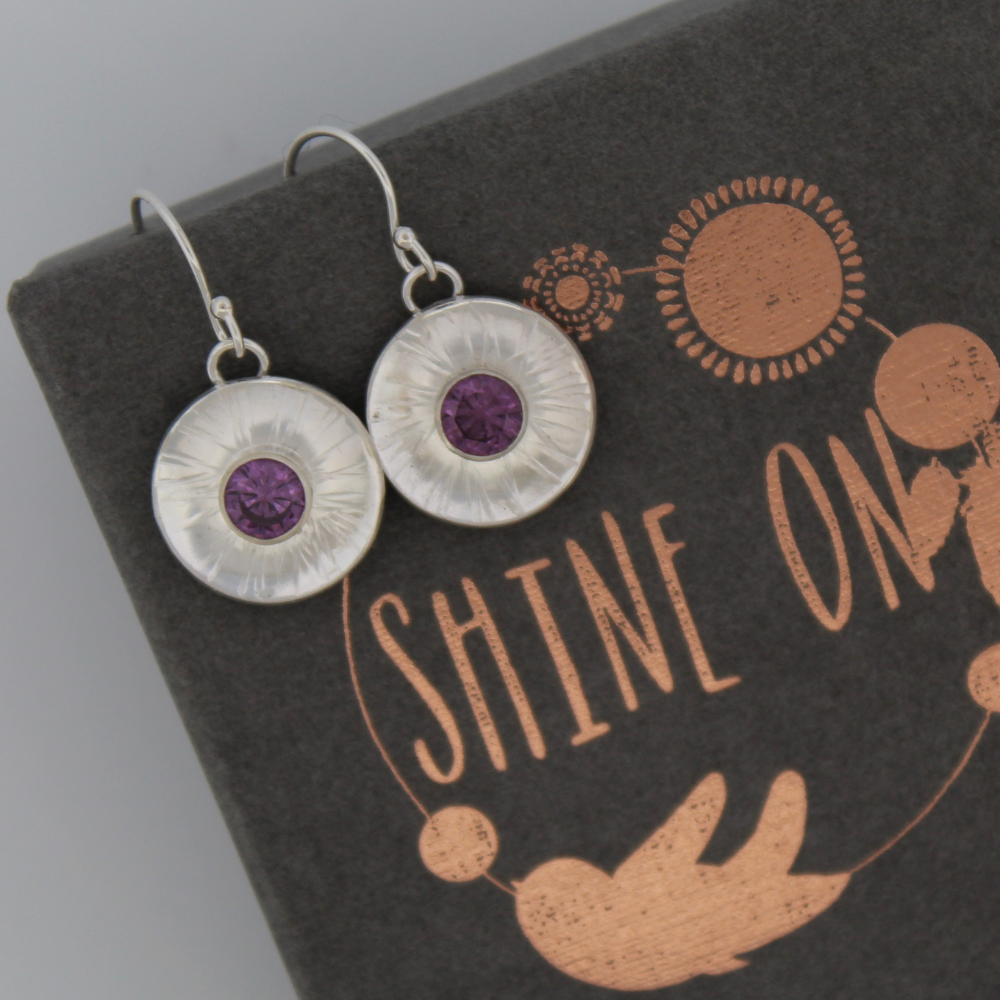 Amethyst Sunburst Sterling Silver Dangle Earrings, Shine On