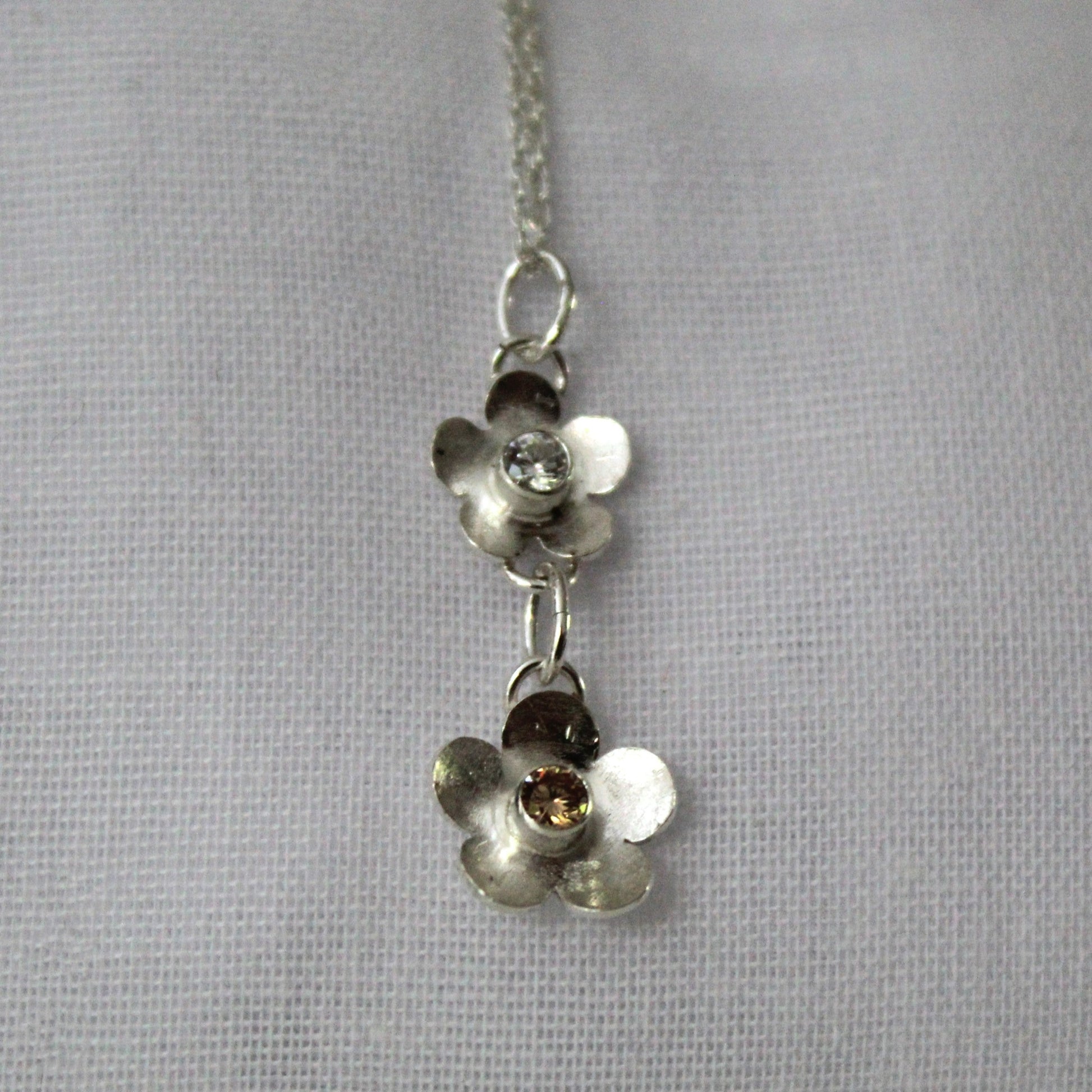 Sterling Silver Flower Necklace, with two flowers with sparkly gems, Shine On