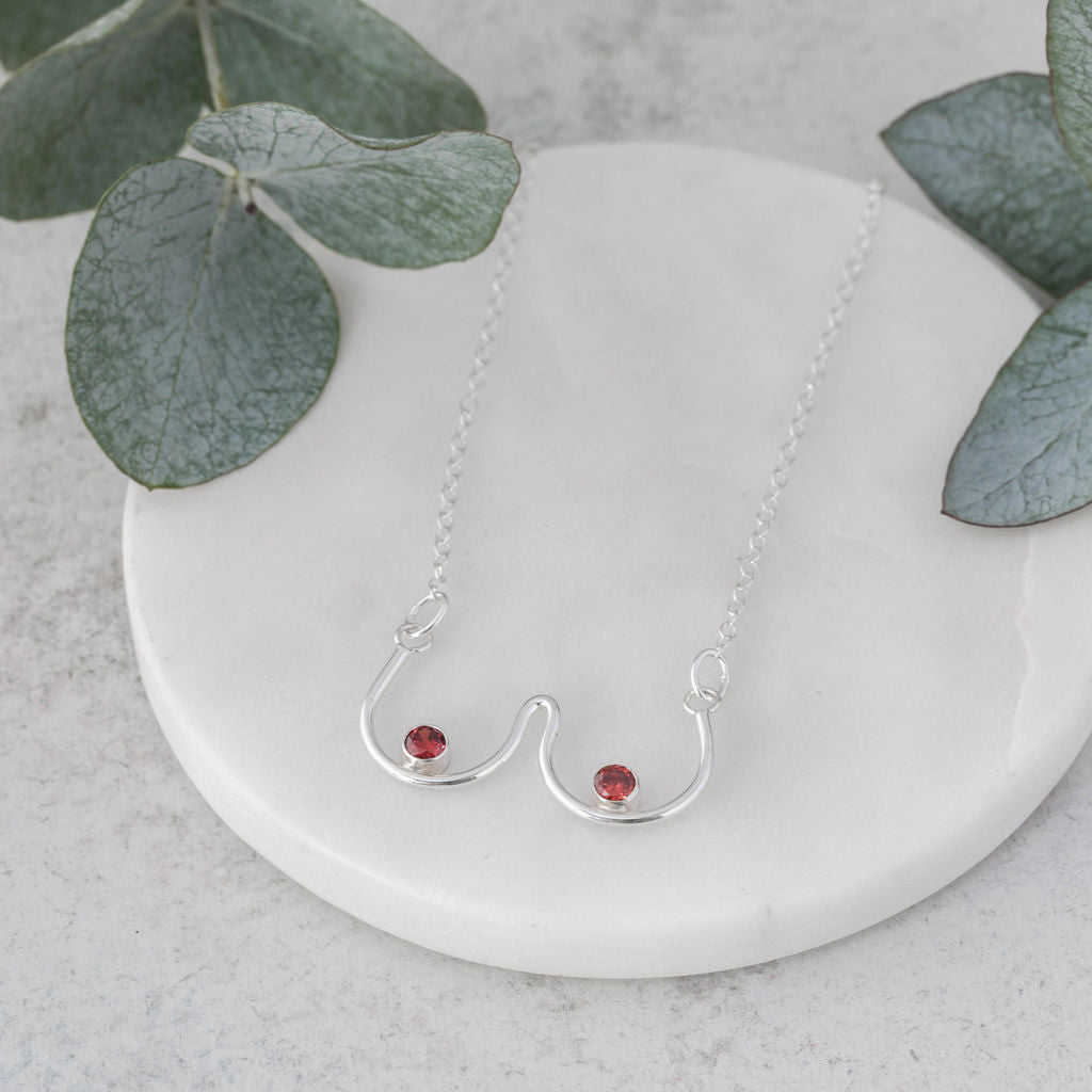 Sterling Silver Sparkle Tits Necklace with Red Cubic Zirconia