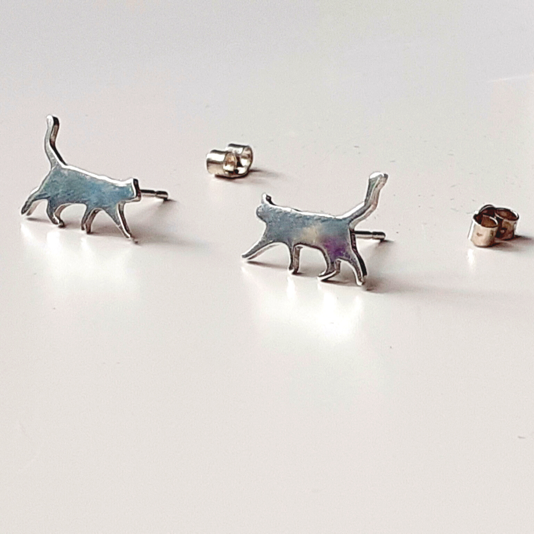 Small Sterling Silver Cat Studs, pictured with ear scrolls